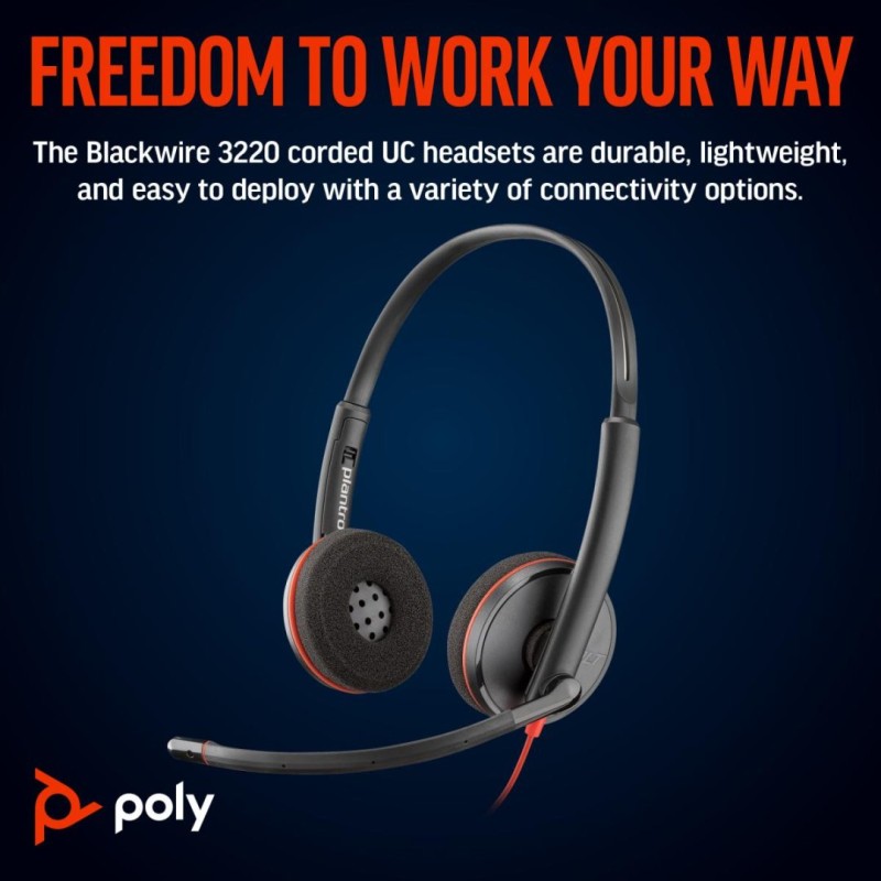 HP Poly Blackwire 3220 Stereo USB-C Headset +USB-C/A Adapter