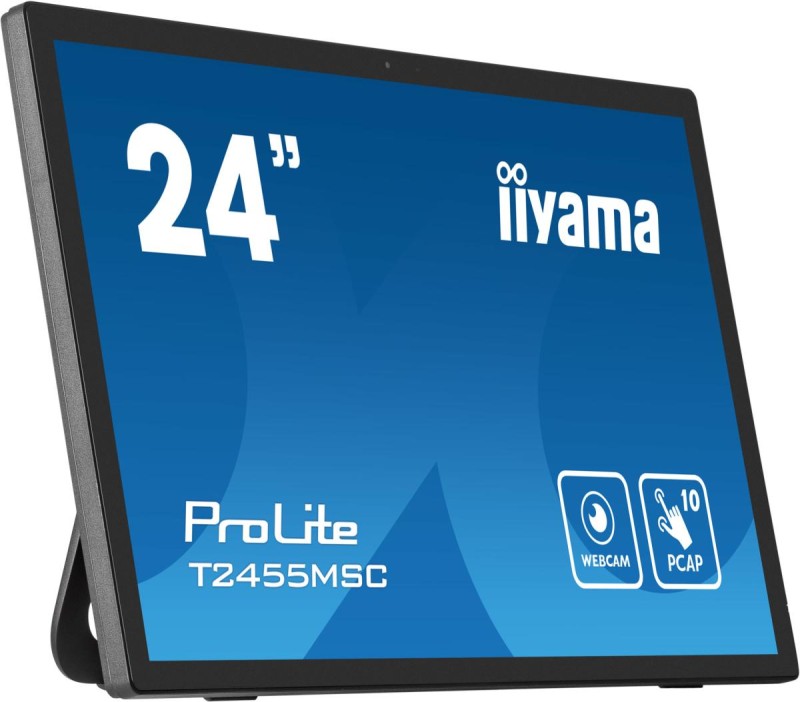 iiyama 24” multi-touch monitor with edge-to-edge glass, anti fingerprint coating , integrated webcam and a flexible stand