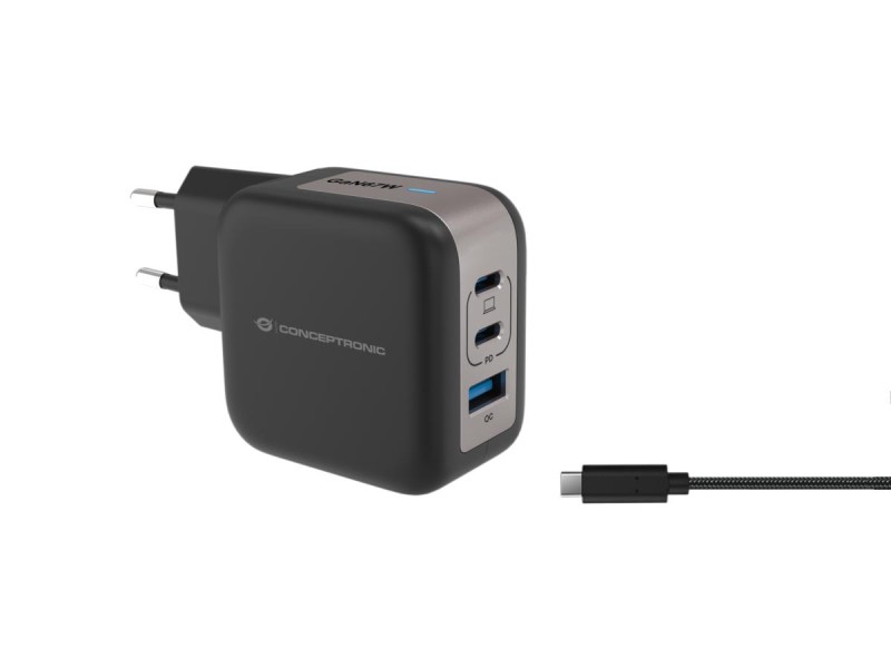 Conceptronic 3-Port 67W GaN USB PD Charger with USB-C Charging Cable, USB-C x 2, USB-A x 1, QC 3.0, PPS