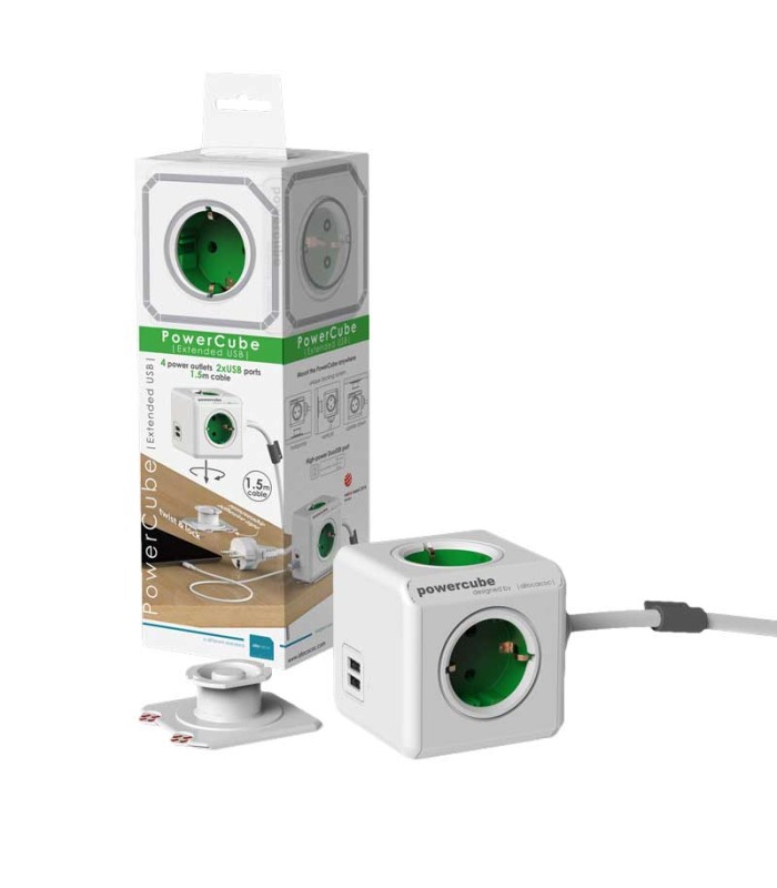 PowerCube Extended Duo USB, GREEN , 1.5mtr cable, TYPE F DE