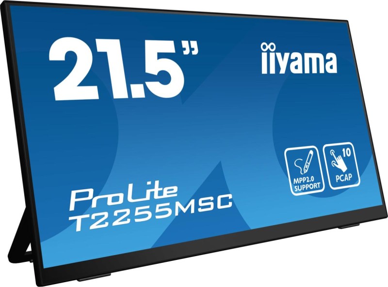 iiyama ProLite 21.5” Optical Bonded PCAP 10pt touchscreen monitor with IPS panel technology, edge-to-edge glass, anti-fingerprint coating, active stylus support (MPP 2.0) and a flexible stand