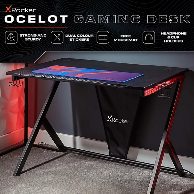 X Rocker Ocelot 115cm Gaming Desk with Mousepad - Carbon Black